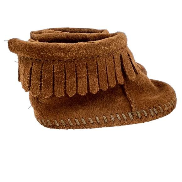Minnetonka Moccasins Infants 3 Back Flap Bootie Brown Suede Fringe 1182 - Picture 1 of 7